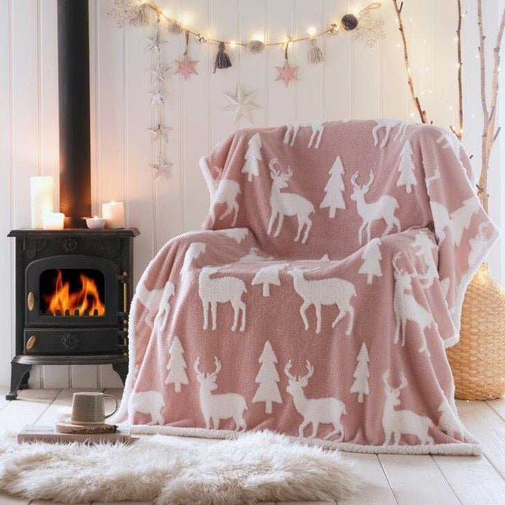 Reindeer Jacquard Sherpa Fleece Throw - Happy Linen Company