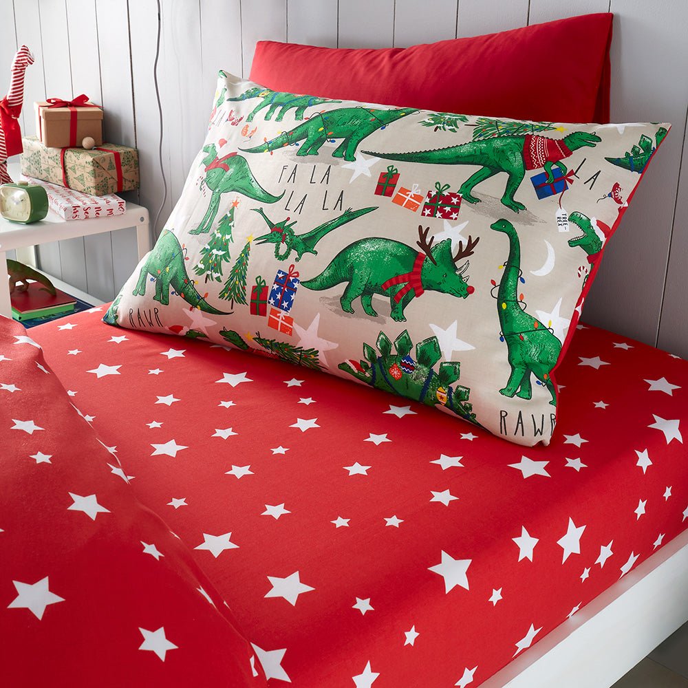 Festive Dinosaur Christmas Pillowcases (Pair) - Happy Linen Company